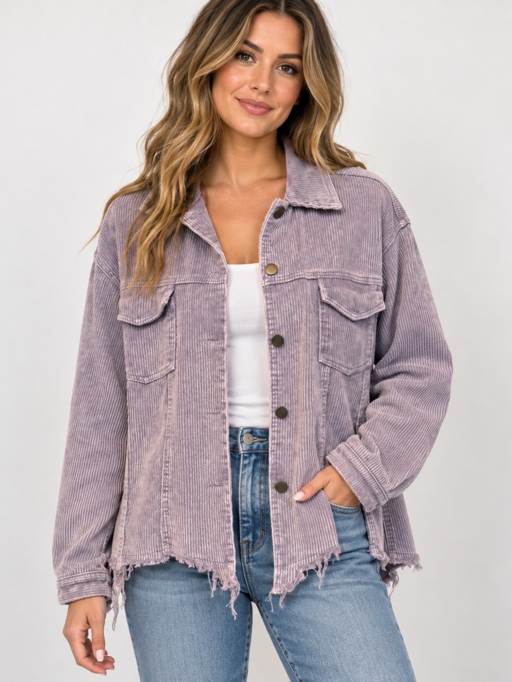 POL Purple Corduroy Distressed Raw Hem Oversized Shacket Jacket Size L NWT
